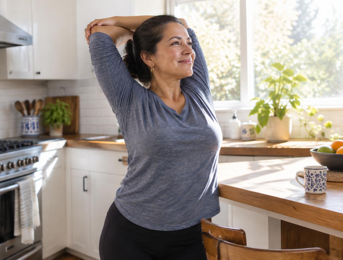 Mujer estirándose con energía en su cocina por la mañana